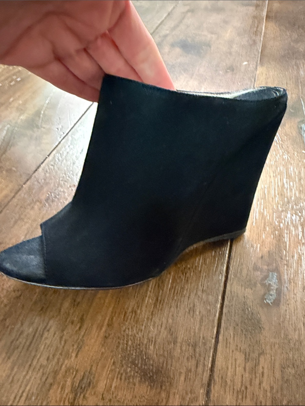 Prada - Women’s Black Suede Peep-Toe Wedge Bootie Mules Heel - Size: 38 - Picture 4 of 12